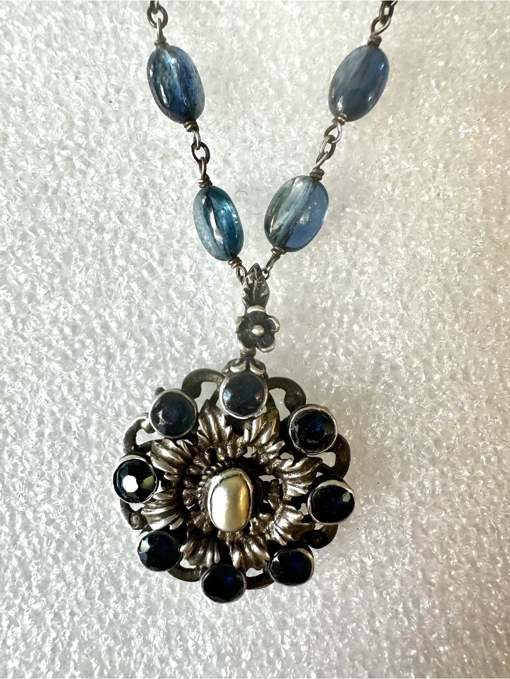 Kyanite, Sapphires & Pearl Necklace by Sage Machado Jewelry